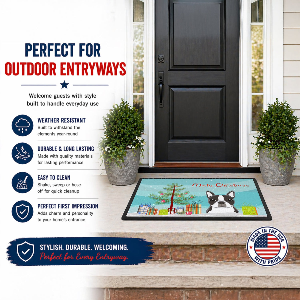Christmas Tree & Boston Terrier Doormat, 24 × 36 in