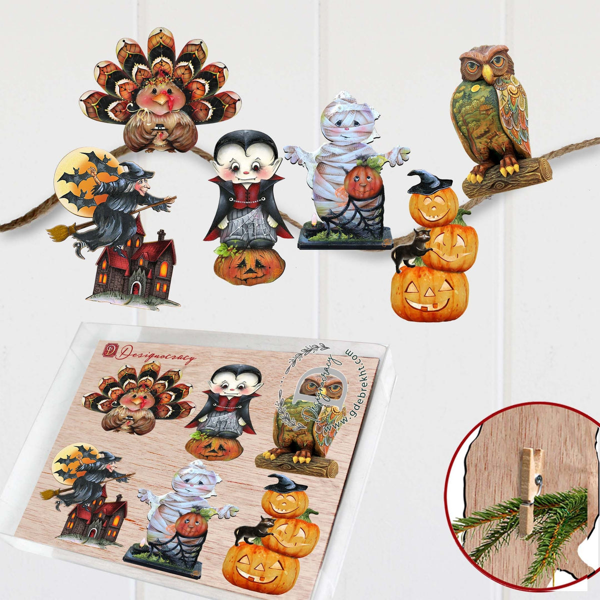 Happy Halloween Wooden Clip-On Ornaments, Set of 6